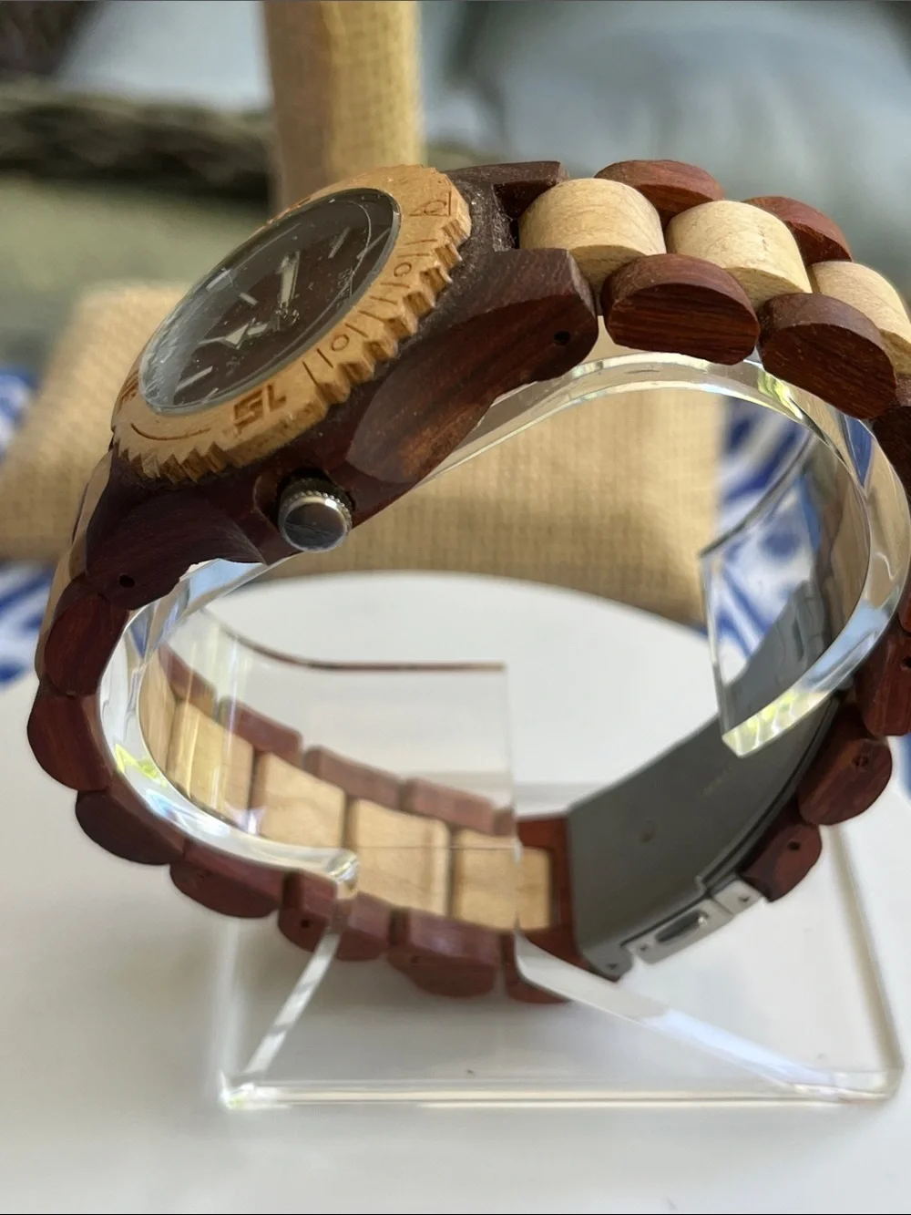 BEWELL Wooden Watch in Two-Tone Brown and Light Wood New Battery